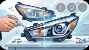 Процесс герметизации фары автомобиля KIA Rio для устранения конденсата в современной мастерской